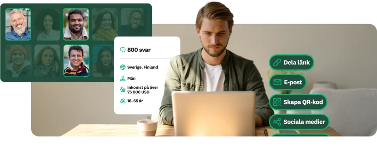 En man arbetar på en bärbar dator med överlagringar som visar målgruppsdemografi och alternativ för att dela enkäter via länk, e-post, QR-kod eller sociala medier.