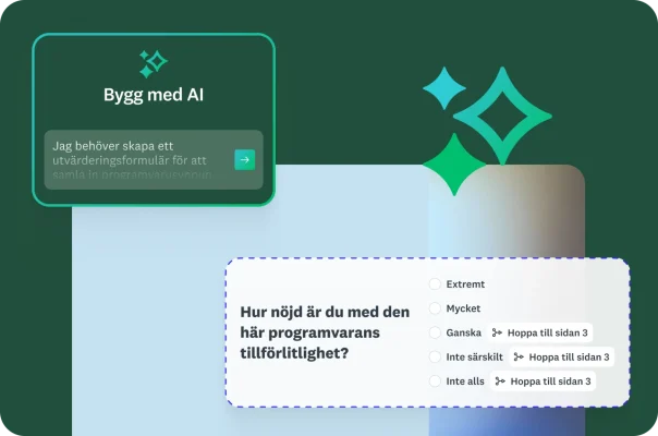 En enkätfråga om programvarans tillförlitlighet med villkorlig överhoppslogik och en AI-prompt.