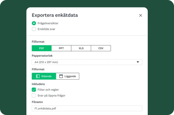 Funktion för export av enkätdata, som visar funktioner som alternativ för filformatering och vad som ska ingå