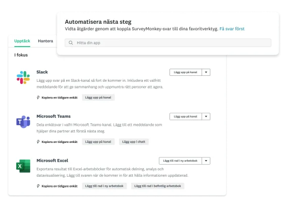 Skärmbilder av Slack-, Microsoft Teams- och Excel-appar för SurveyMonkey