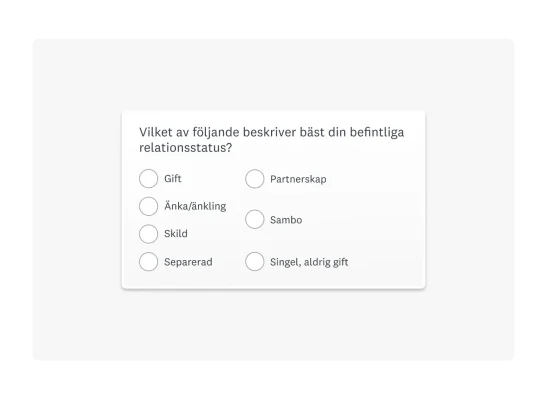 Exempel på segmentering med demografifråga i enkät: Vilket av följande beskriver bäst din befintliga relationsstatus?