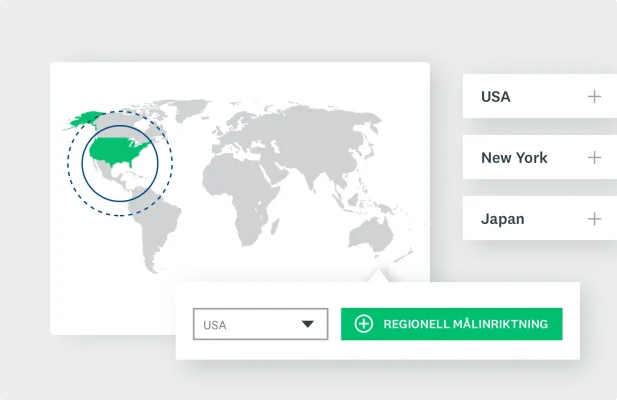 Skärmbild på en världskarta med olika platser som nämns och en knapp som visar möjligheten att målinrikta efter region