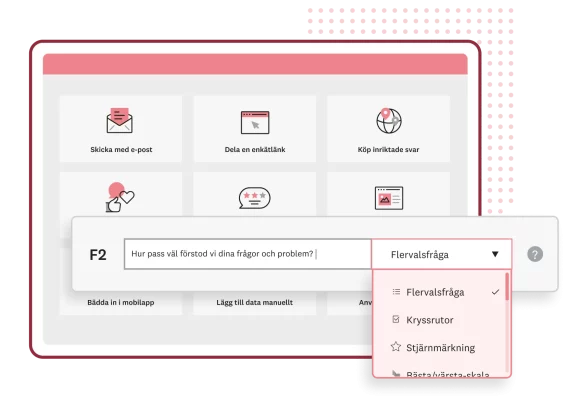 Skärmbild av delningsalternativen för en SurveyMonkey-enkät, som att bädda in en länk, köpa inriktade svar, mejla, bädda in i en mobilapp, lägga till data manuellt