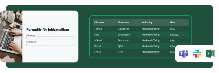 Formulär för jobbansökan visas bredvid en tabell med de sökandes namn, avdelningar och platser. Nedanför visas logotyperna för Microsoft Teams, Slack och Excel.