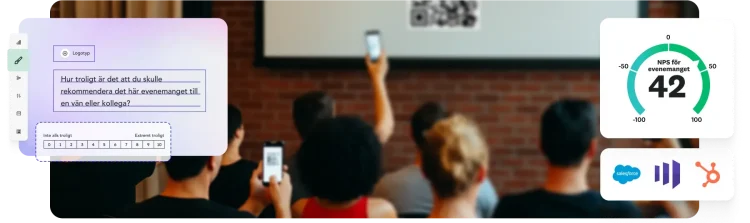 Ett rum med en projektorduk där det visas en QR-kod och flera personer som håller upp sina telefoner för att ta ett foto av koden, bredvid en bild på ett NPS-resultat på 42, olika företagslogotyper som Salesforce och HubSpot, samt en skärmbild på en enkätfråga om hur sannolikt det är att du skulle rekommendera evenemanget till en vän.