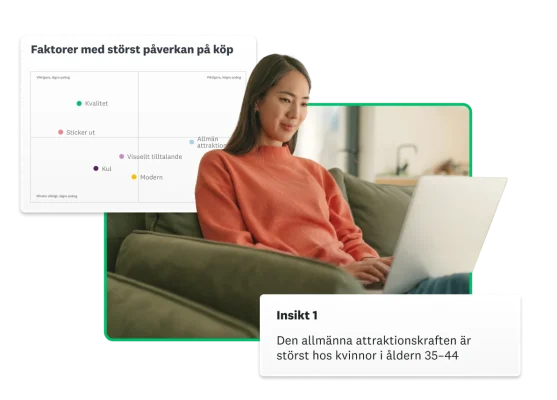 Kvinna som skriver på en bärbar dator bredvid ett diagram som visar faktorer med störst påverkan på köpavsikten, och en insikt som säger att varumärkets allmänna attraktionskraft är störst hos kvinnor i åldern 35–44