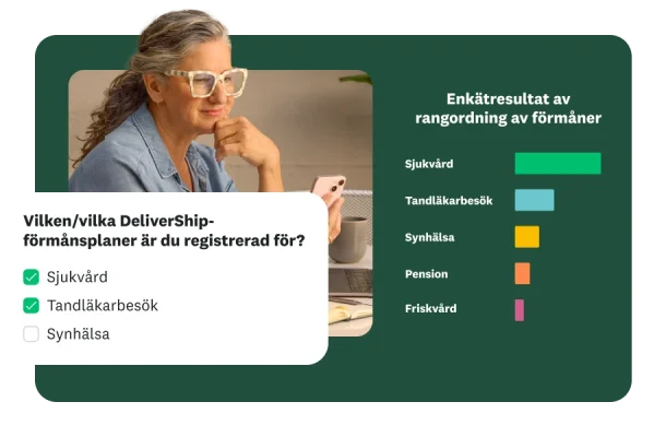 En kvinna tittar på sin mobil. Ovanpå visas en enkätfråga som frågar vilka förmåner anställda kan ta del av. Till höger finns ett stapeldiagram som visar resultat av enkäter om tillfredsställelse med förmåner för ”sjukvård”, ”tandläkarbesök”, ”synhälsa”, ”pension” och ”friskvård”.