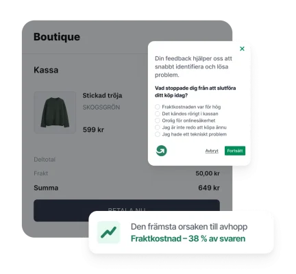 GetFeedback-enkät om kundvagnar som överges på en kassasida för e-handel, med fraktkostnad som det främsta skälet, med 38 %.