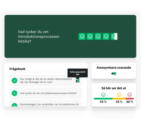 Enkätfråga om vad du tycker om introduktionen hittills, bredvid en frågebank med förslag på relaterade frågor och ett reglage som anonymiserar svarande