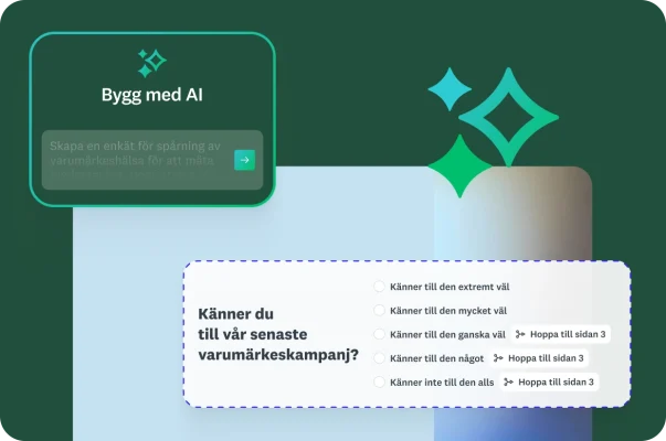 En bild på ett verktyg för att skapa enkäter med titeln ”Bygg med AI”. I exempelprompten står det ”Skapa en enkät för spårning av varumärkeshälsa.” Exempelfrågan ”Känner du till vår senaste varumärkeskampanj?” visas också med alternativ som använder överhoppslogik.