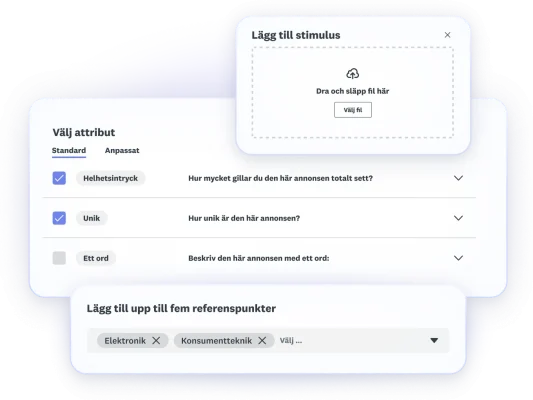 Skärmbilder som visar stegen för annonstestning: ladda upp annonsbilder, välj attribut att testa mot och lägg till upp till fem jämförelsepunkter