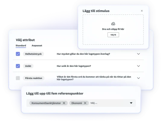 Skärmbild av stegen i ett logotyptest: lägg till stimuli, välj attribut och lägg till upp till fem referenspunkter