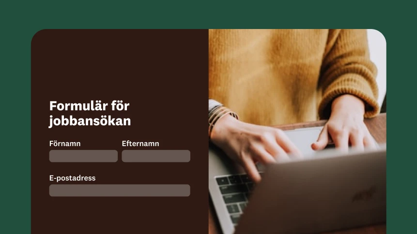 En person som skriver på en bärbar dator med en ovanpåliggande bild av ett formulär för jobbansökan.