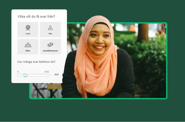 Person bredvid en skärmbild som frågar ”Vilka vill du få svar från?” följt av fyra alternativ för marknadsundersökningspaneler