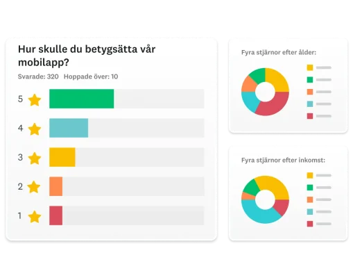 Skärmbilder med frågan ”Hur skulle du betygsätta vår mobilapp?” och två ringdiagram som visar svar med fyra stjärnor efter ålder och svar med fyra stjärnor efter inkomst