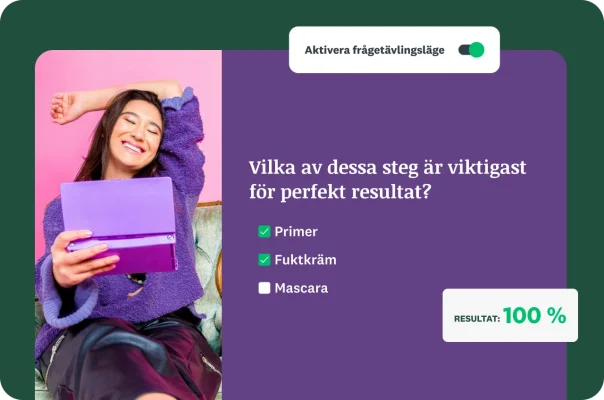 En leende kvinna med en ovanpåliggande flervalsfråga om smink i ”Frågetävlingsläge” med resultatet 100 %.