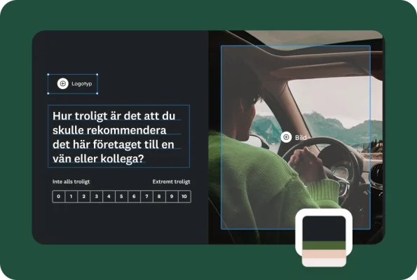 Skärm för att skapa enkäter som visar en person som kör bil och en NPS-fråga om hur troligt det är att du skulle rekommendera företaget till en vän eller kollega.