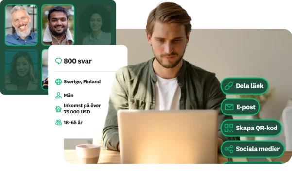 En man arbetar på en bärbar dator med överlagringar som visar målgruppsdemografi och alternativ för att dela enkäter via länk, e-post, QR-kod eller sociala medier.