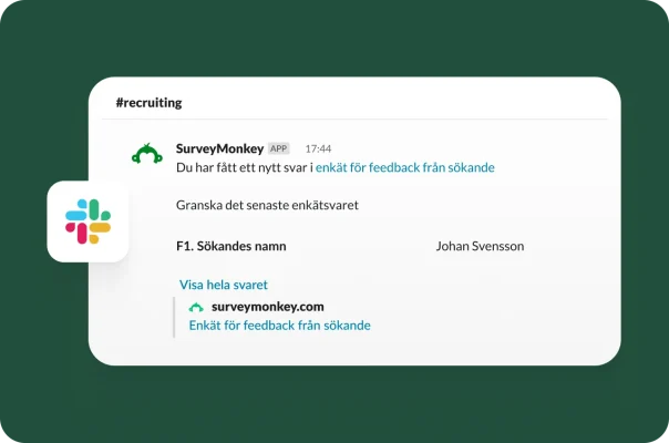 En Slack-avisering som visar ett nytt svar i en SurveyMonkey-enkät för feedback från sökande.