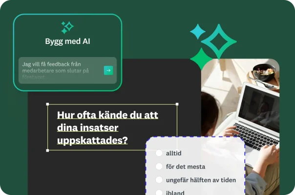 En person med en bärbar dator och en ovanpåliggande bild av en AI-prompt och en flervalsfråga.