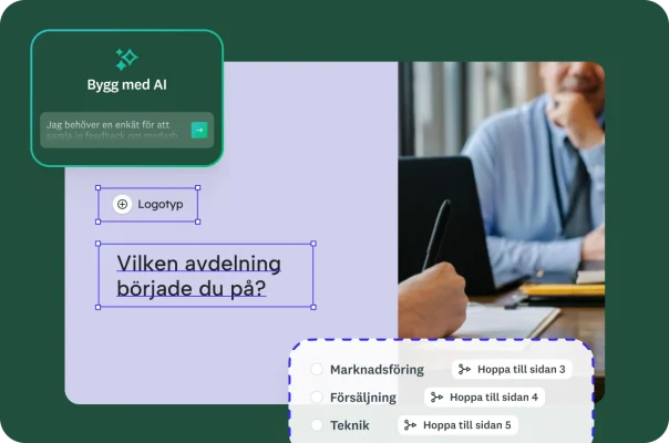 En pågående intervju med en arbetssökande med en ovanpåliggande enkät med villkorlig överhoppslogik för avdelningsval.