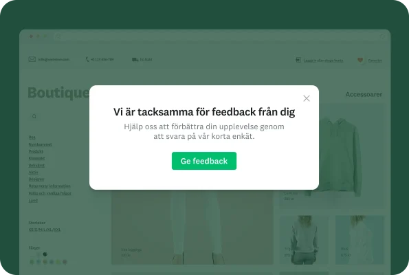 Modal på en webbplats som ber användaren att ge feedback genom att fylla i en kort enkät
