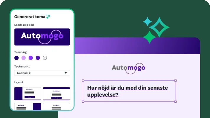 Ett designgränssnitt som visar hur du skapar ett anpassat enkättema. Det innehåller alternativ för att ladda upp en logotyp och välja färger. Förhandsgranskningen visar frågan ”Hur nöjd är du med din senaste upplevelse?” med företagets logotyp ”Automogo”.