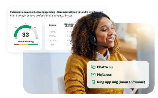 Kvinna med headset som tittar på datorn, bredvid resultaten av en puls om medarbetarnas engagemang för andra kvartalet, med en NPS-poäng på 33