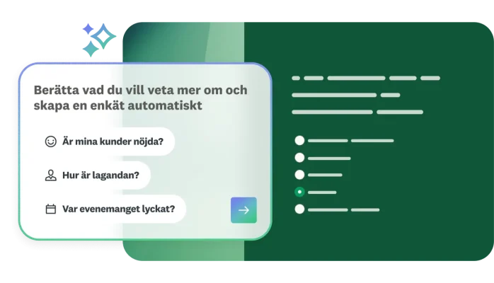 Fönster med AI-prompt för att skapa en enkät med frågor om kundnöjdhet, laganda och lyckade evenemang bredvid ett genererat exempelformulär