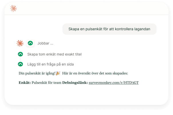 Gränssnitt som visar en AI-assistent som skapar en pulsenkät för att kontrollera lagandan och genererar en SurveyMonkey-länk för att dela den