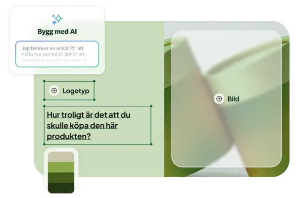 Gränssnitt för AI-baserat enkätverktyg som genererar en anpassningsbar enkät för produktfeedback med platshållare för logotyp, bild och färgpalett