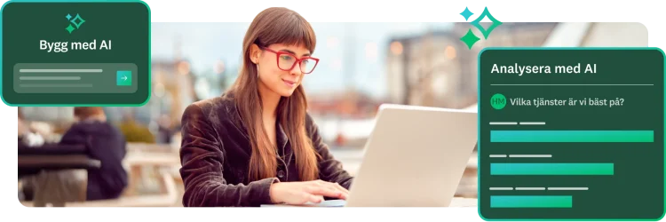 En kvinna i sammetsjacka och röda glasögon som arbetar på en bärbar dator utomhus. Två paneler visas också ovanpå bilden: ”Bygg med AI” med en platshållarprompt och ”Analysera med AI” med en prompt om de bästa tjänsterna och ett stapeldiagram med resultatet.