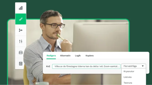 En man som arbetar vid datorn bredvid skärmbilder av verktyg för att skapa enkäter på SurveyMonkey