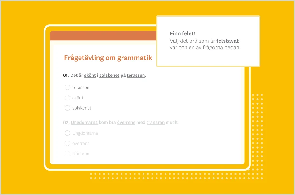 Skärmbild av SurveyMonkeys mall för frågetävling om grammatik