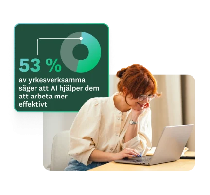 Kvinna som ler när hon jobbar vid sin dator. En överlagring med ett cirkeldiagram och texten ”53 % av yrkesverksamma säger att AI hjälper dem att arbeta mer effektivt”.