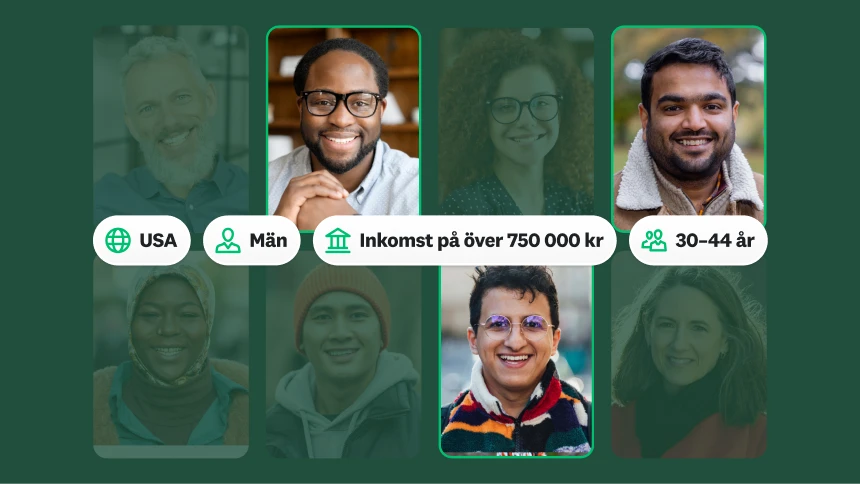 Foton på olika människor, bredvid en ruta med 800 svar från män i USA med en inkomst på över 75 000 USD och i åldern 30–44