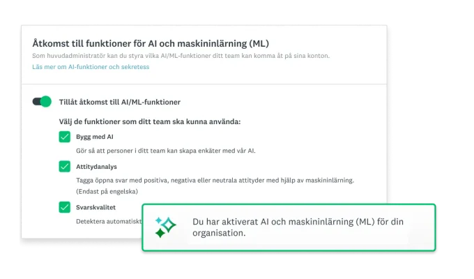 Skärmbild av användaraktiverade AI- och maskininlärningsfunktioner i SurveyMonkey