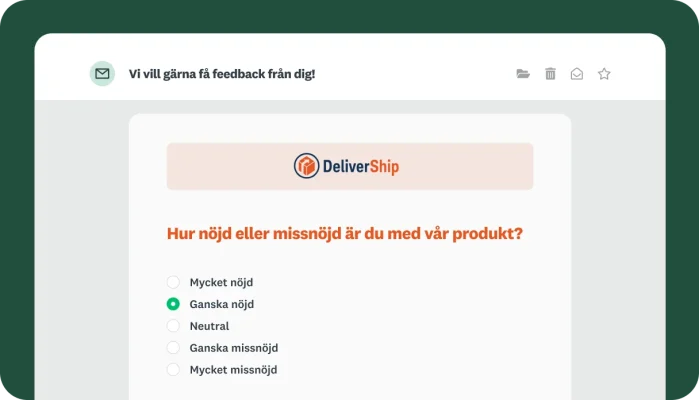 Bild av e-post med en enkät om produkttillfredsställelse från DeliverShip inbäddad i mejlet.