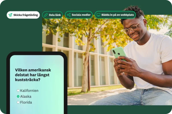 En man som ler mot sin telefon med en ovanpåliggande geografifråga och alternativ för att dela frågetävlingen.