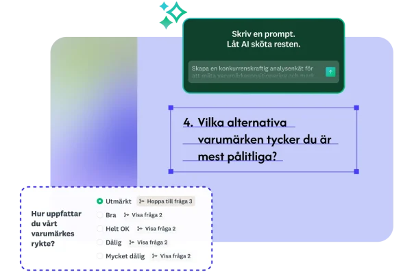 Bygg med AI som visar användare som skapar en konkurrenskraftig analysenkät genom att bara skriva in en prompt, där frågor genereras automatiskt