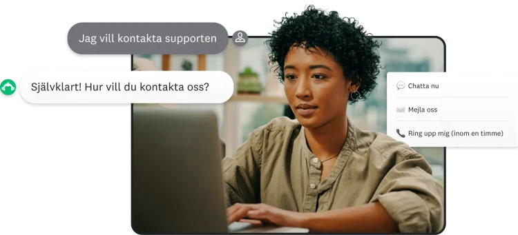 Person som skriver på en bärbar dator bredvid alternativ för att kontakta SurveyMonkey via chatt, e-post och telefon