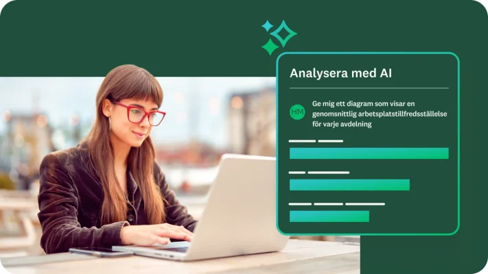 En kvinna med röda glasögon som arbetar på en bärbar dator. Det visas en ovanpåliggande bild med rubriken ”Analysera med AI”. Nedanför rubriken visas en prompt med texten ”Ge mig ett diagram som visar en genomsnittlig arbetsplatstillfredsställelse för varje avdelning” och ett antal vågräta staplar som representerar data.