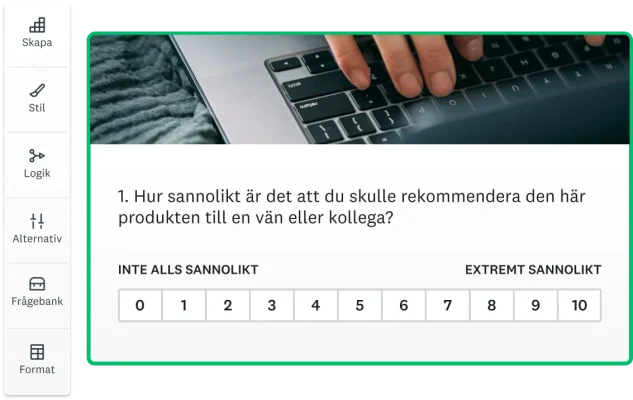 Skärmbild på en enkätfråga med likertskala som frågar hur troligt är det att du skulle rekommendera en produkt