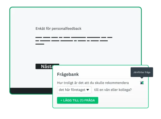 Skärmbild av en enkät med personalfeedback bredvid funktionen frågebank