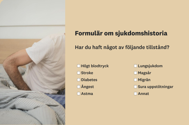 Ett formulär om sjukdomshistoria med en lista över medicinska tillstånd och kryssrutor. Formuläret visas bredvid ett foto av överkroppen på en person som sitter upp i sin säng.