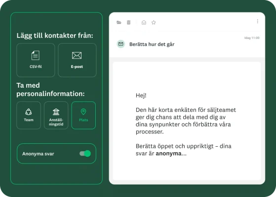 En skärm som visar alternativen för att skicka enkäter via e-post till kontakter från en CSV-fil eller e-post, inklusive personalinformation som team, tjänstgöring och plats, med ett reglage för anonyma svar.