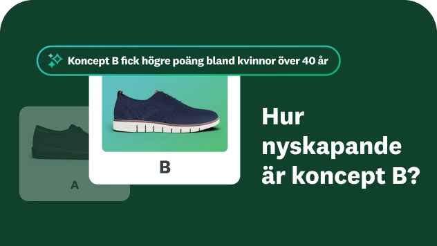Bilder på två olika skor, där insikten visar att koncept B fick högre poäng hos kvinnor över 40, och en fråga om hur innovativt koncept B är