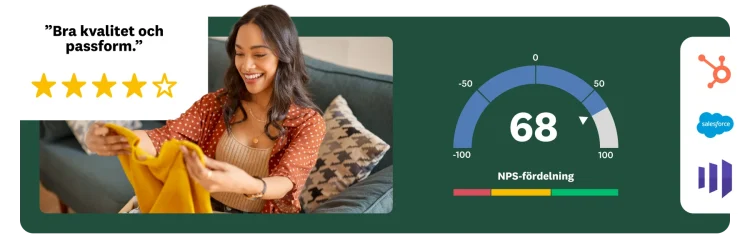 En leende kvinna som håller i ett plagg med en ovanpåliggande 4-stjärnig recension, en NPS-poäng på 68 och integreringslogotyper.