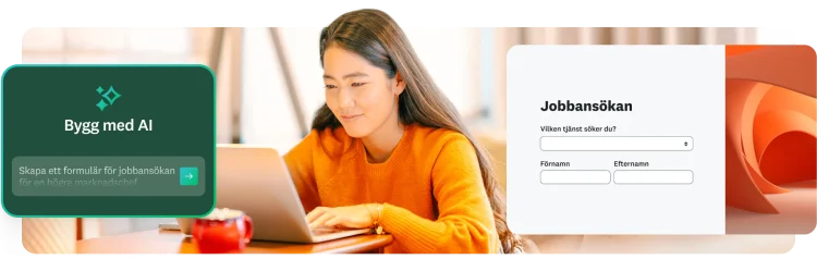 En leende kvinna som jobbar på en bärbar dator med ovanpåliggande bilder av ett formulär för jobbansökan och en AI-prompt.