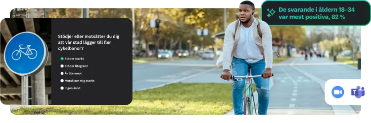 En man cyklar på en cykelbana. En mobilundersökning visas över, om stöd för fler cykelbanor. En informationsruta där det står ”De svarande i åldern 18–34 var mest positiva, 82 %. Logotyper för Zoom och Microsoft Teams är synliga.